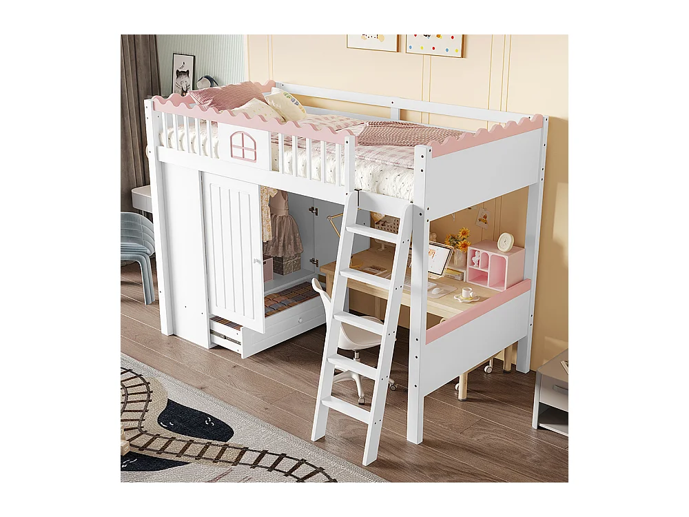 Lit mezzanine 90x200 cm, lit d'enfant, avec éclairage LED, avec armoire, avec tiroirs de rangement, conforme à EN747, pin, blanc