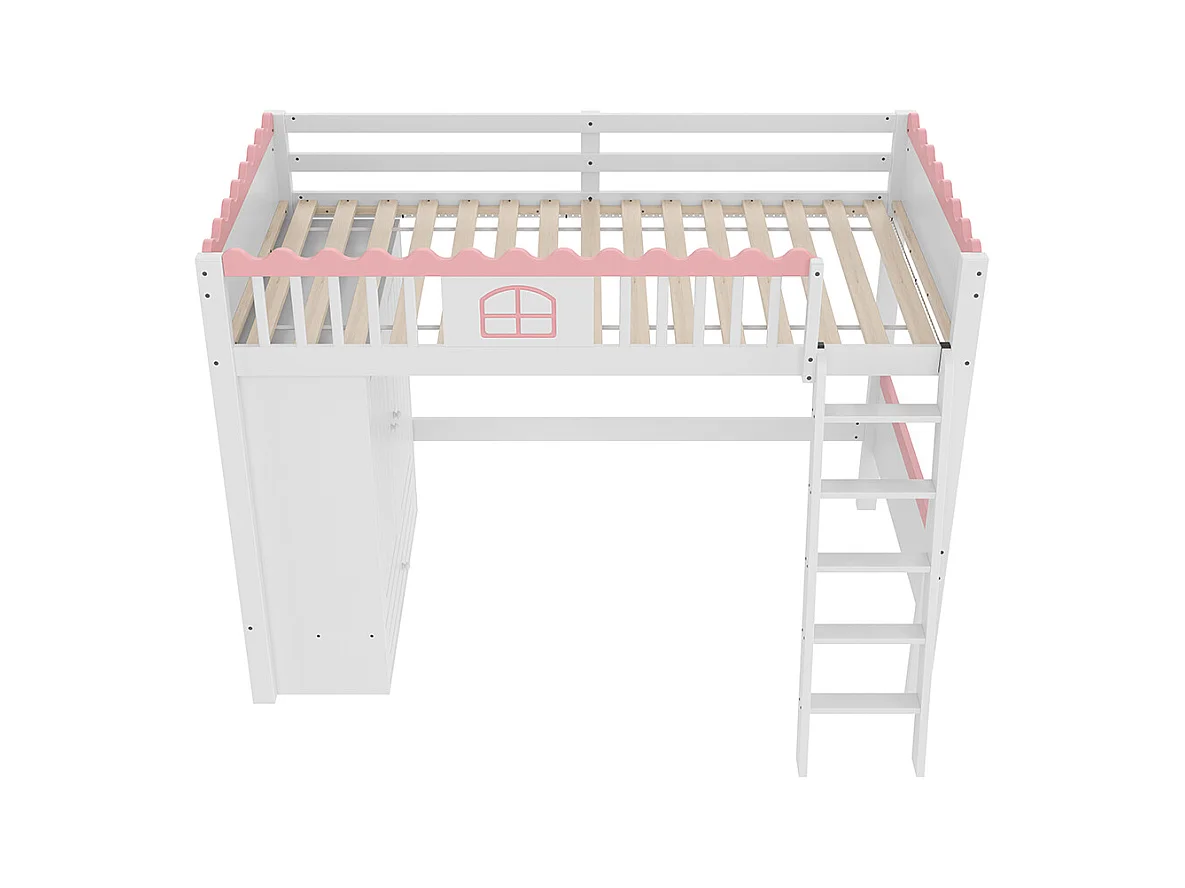 Lit mezzanine 90x200 cm, lit d'enfant, avec éclairage LED, avec armoire, avec tiroirs de rangement, conforme à EN747, pin, blanc