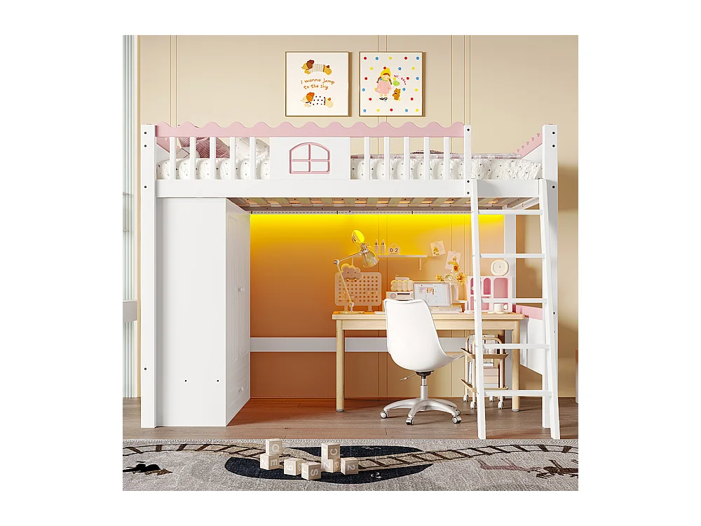 Hoogslaper 90x200cm, kinderbed, met LED-verlichting, met kleerkast, met opbergladen, EN747-conform, grenen, wit