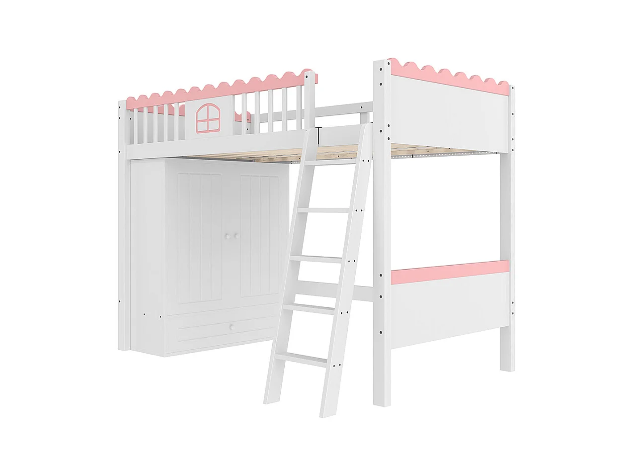 Hoogslaper 90x200cm, kinderbed, met LED-verlichting, met kleerkast, met opbergladen, EN747-conform, grenen, wit