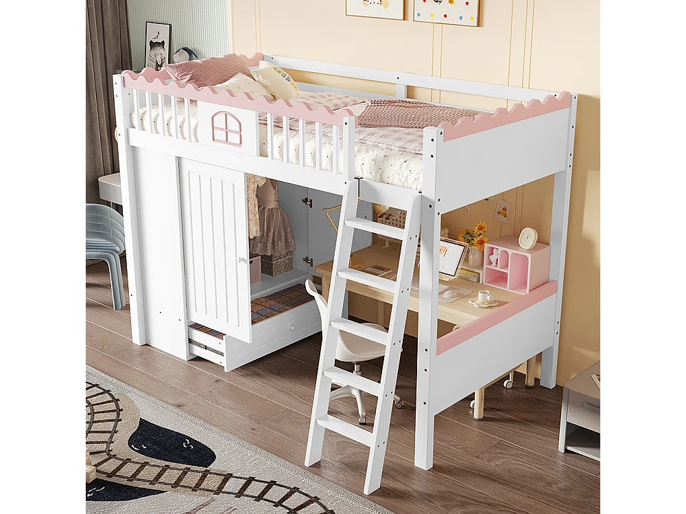 Lit mezzanine 90x200 cm, lit d'enfant, avec éclairage LED, avec armoire, avec tiroirs de rangement, conforme à EN747, pin, blanc