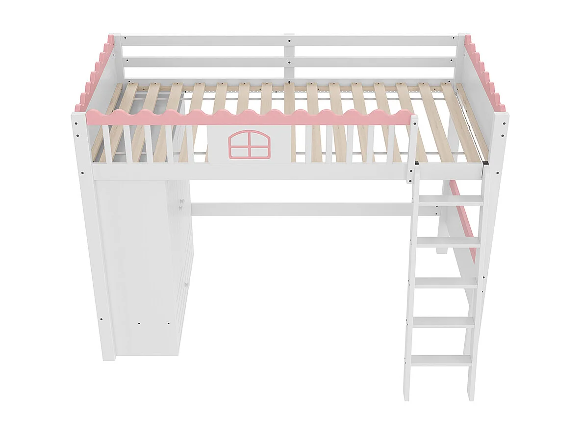 Lit mezzanine 90x200 cm, lit d'enfant, avec éclairage LED, avec armoire, avec tiroirs de rangement, conforme à EN747, pin, blanc