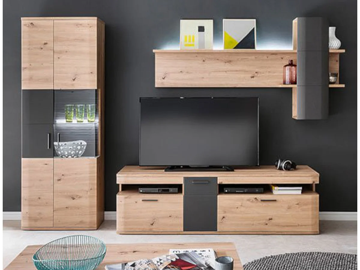 Ensemble de séjour de 3 éléments coloris chêne massif et graphite