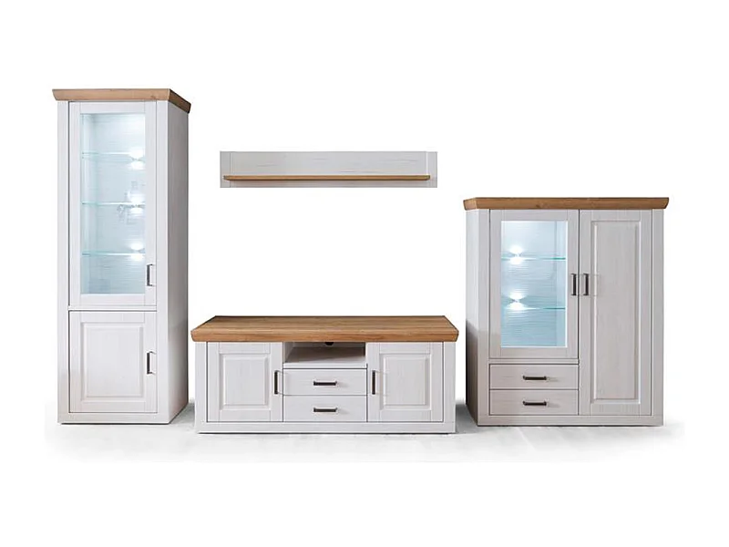 Ensemble séjour 4 élèments en bois blanc et chêne + éclairage LED