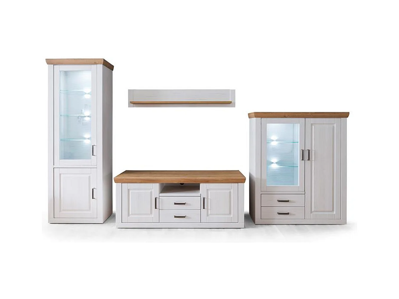 Ensemble séjour 4 élèments en bois blanc et chêne + éclairage LED