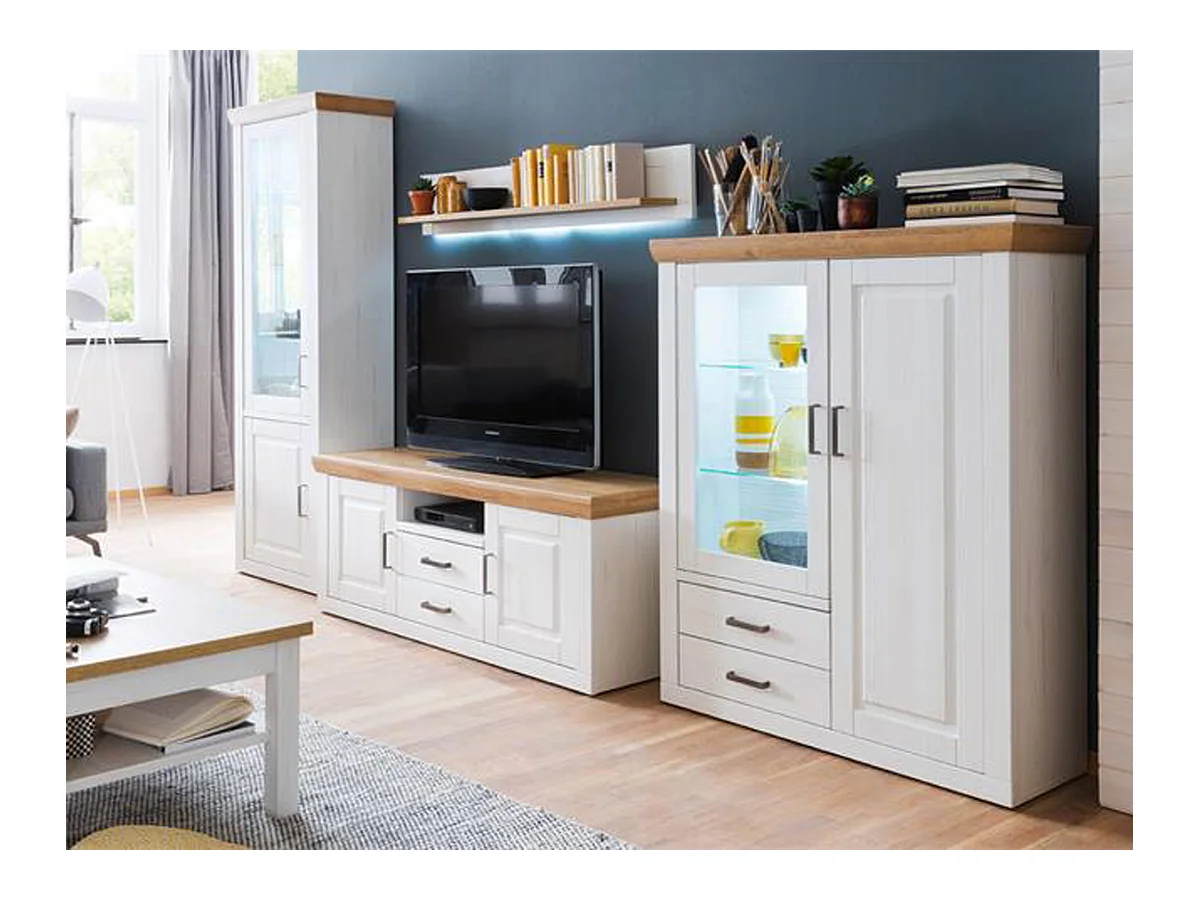 Ensemble séjour 4 élèments en bois blanc et chêne + éclairage LED