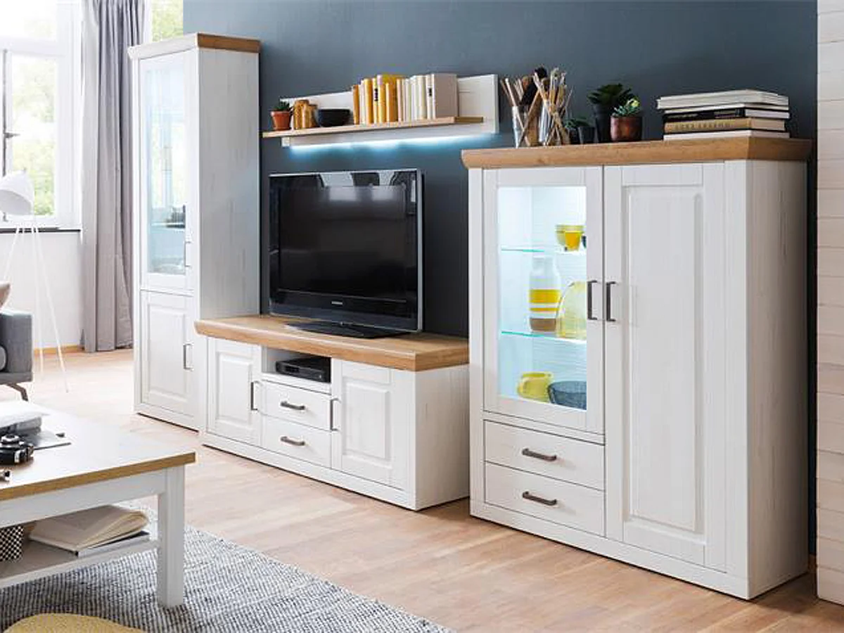 Ensemble séjour 4 élèments en bois blanc et chêne + éclairage LED