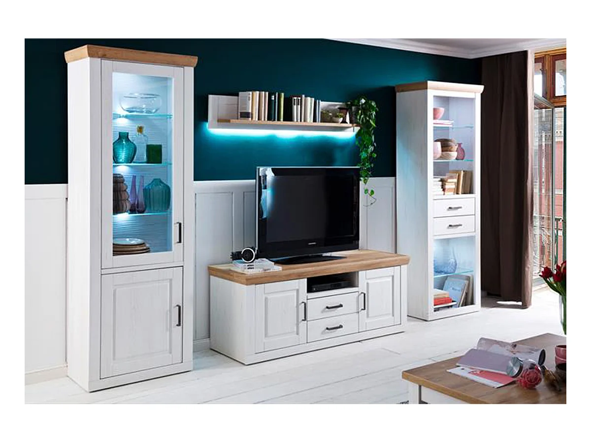 Ensemble séjour 4 élèments en bois coloris blanc et chêne + éclairage LED