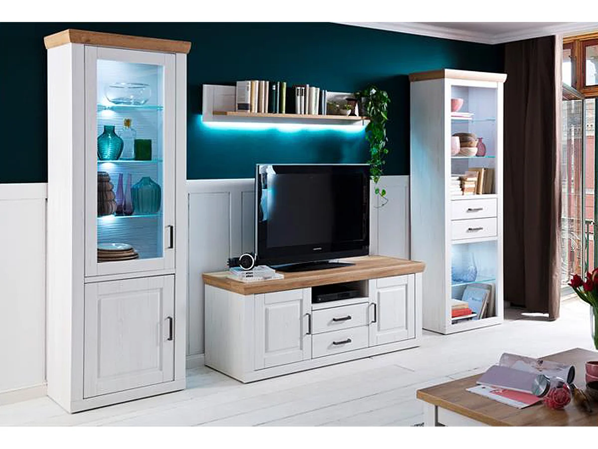 Ensemble séjour 4 élèments en bois coloris blanc et chêne + éclairage LED