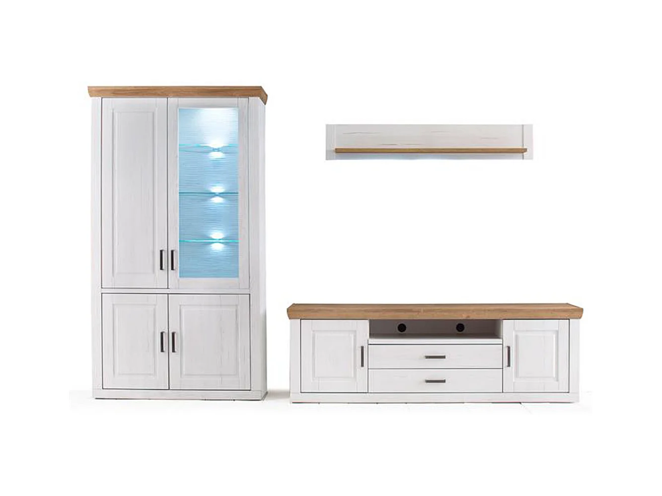 Ensemble séjour 3 élèments en bois blanc et chêne + éclairage LED