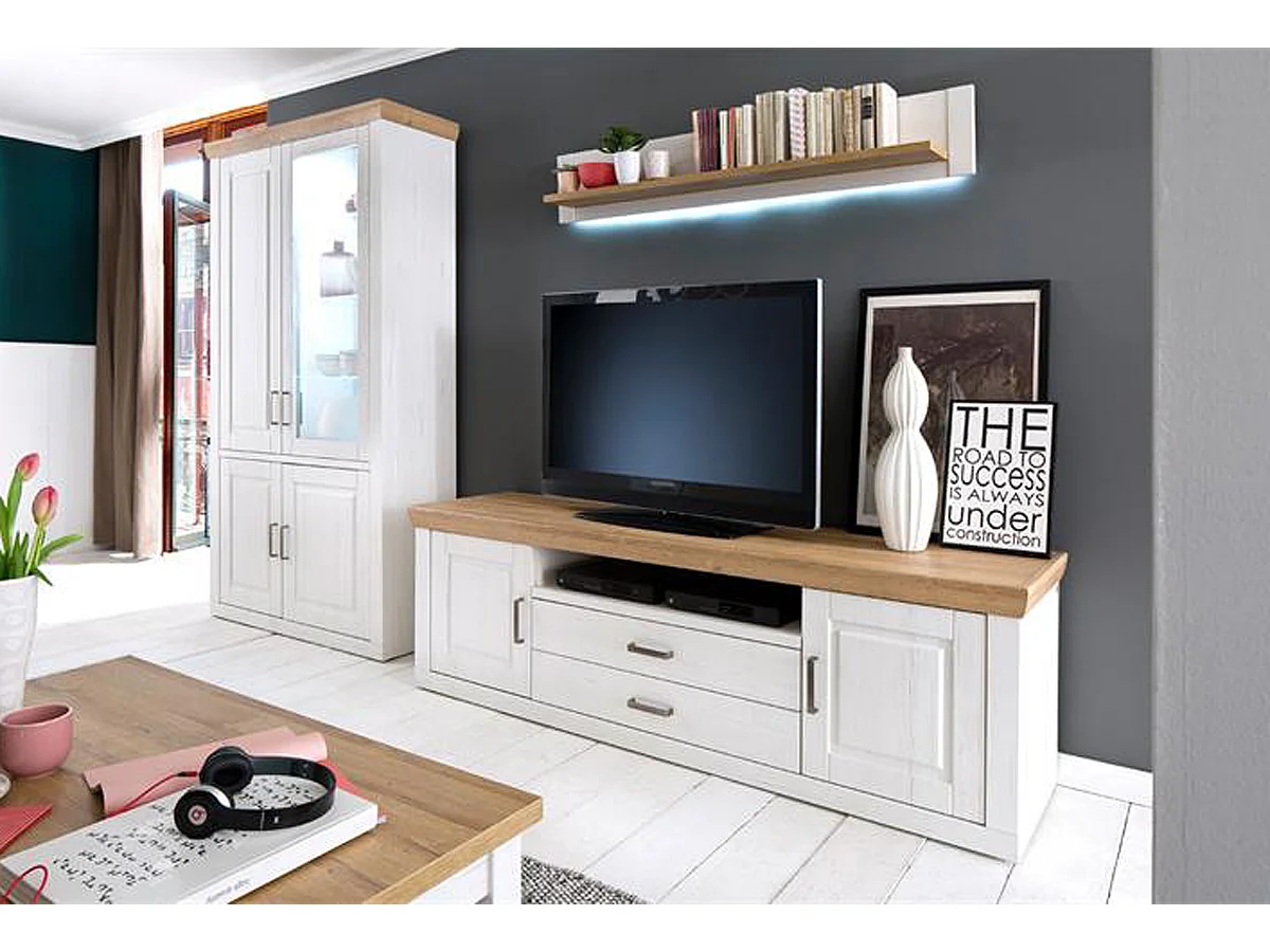 Ensemble séjour 3 élèments en bois blanc et chêne + éclairage LED