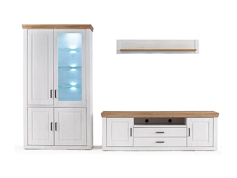 Ensemble séjour 3 élèments en bois blanc et chêne + éclairage LED