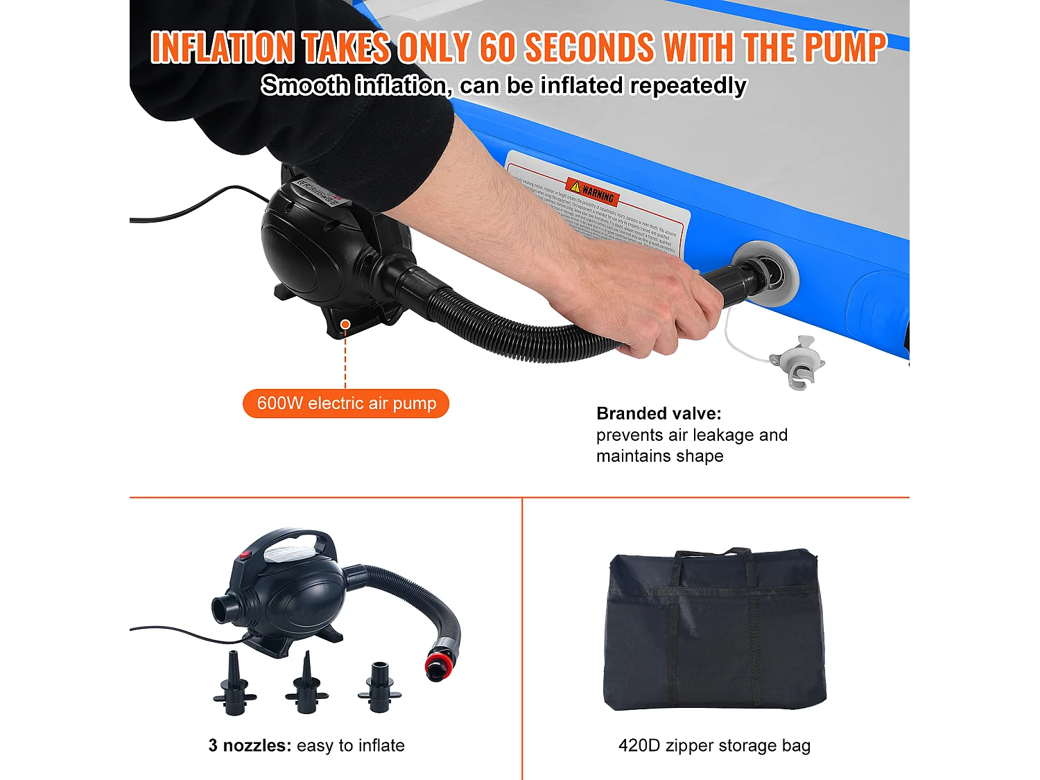 Tapis de Gymnastique, SucceBuy Tapis de Tumbling Gonflable de 10 cm d'Épaisseur. 305 cm, avec Pompe Électrique. Idéal pour le Gymnase, le Yoga