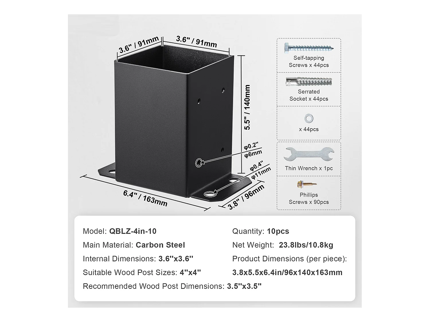 Support de Poteau SucceBuy, Lot de 10 Supports 10.16 x 10.16 cm, Ancrage de Clôture en Bois Robuste