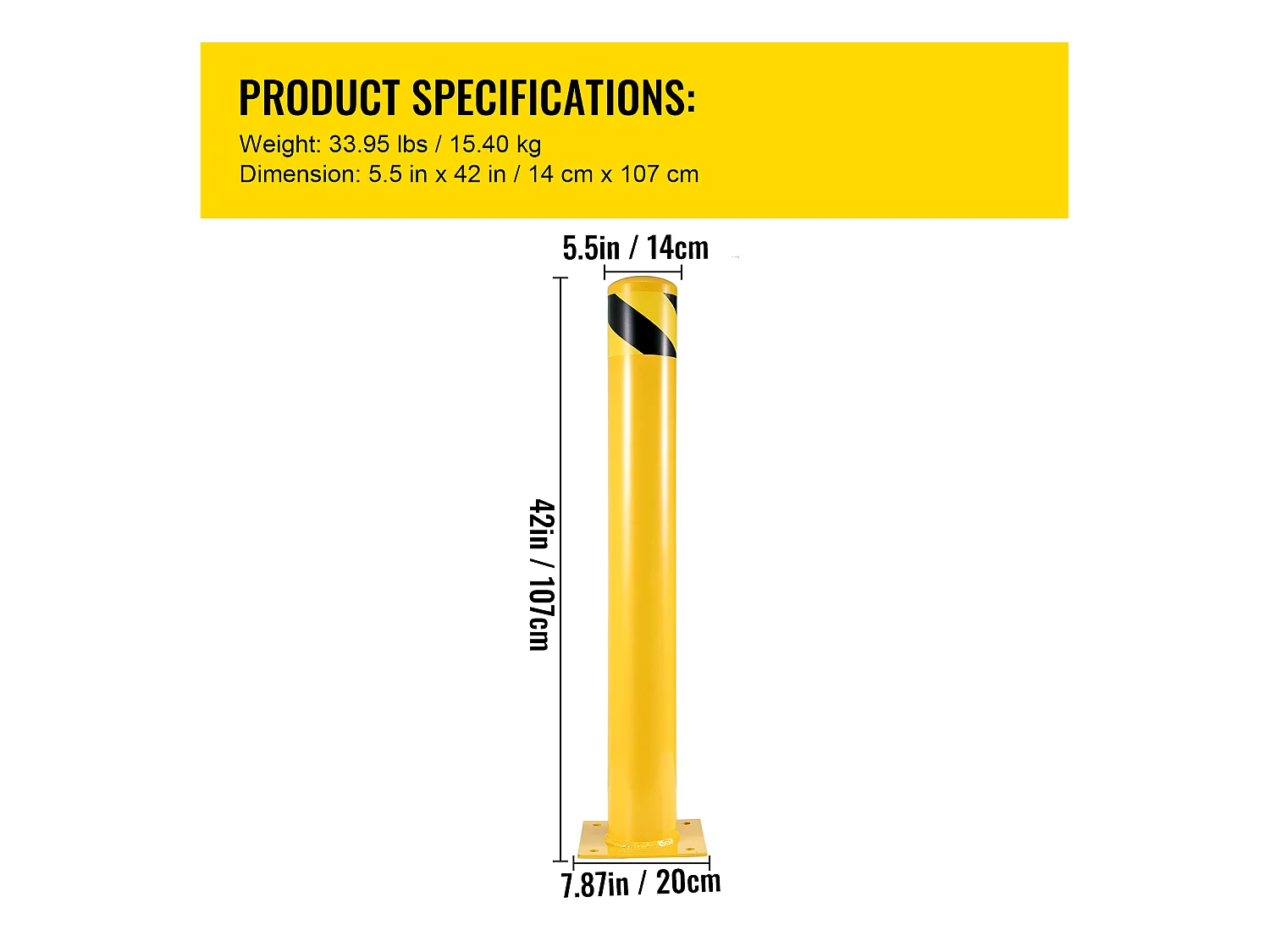 Veiligheidspaal SucceBuy, Veiligheidsbollard uit Staalbuis 107x14 cm 2 Stukken, voor Parkeerplaats, Voertuigen, Voetgangers, Scholen