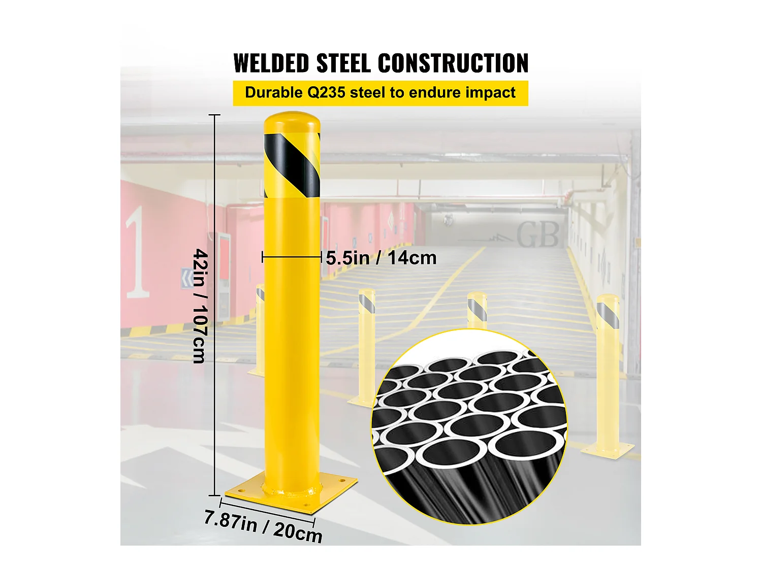 Veiligheidspaal SucceBuy, Veiligheidsbollard uit Staalbuis 107x14 cm 2 Stukken, voor Parkeerplaats, Voertuigen, Voetgangers, Scholen