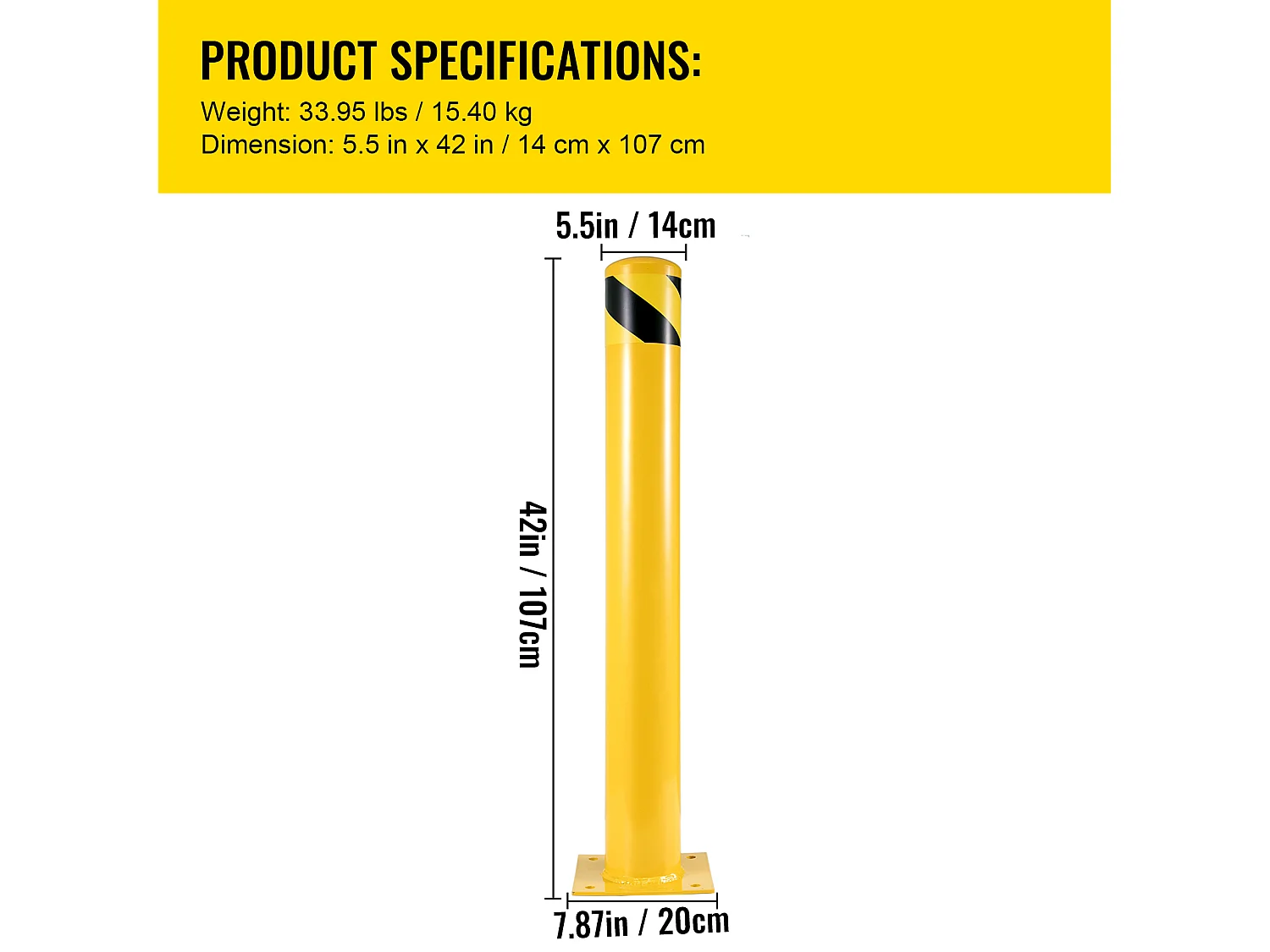 Veiligheidspaal SucceBuy, Veiligheidsbollard uit Staalbuis 107x14 cm 2 Stukken, voor Parkeerplaats, Voertuigen, Voetgangers, Scholen