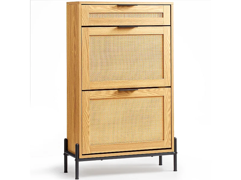 Meuble à Chaussures SucceBuy en Rotin avec 2 Tiroirs Rabattables et 1 Tiroir Coulissant