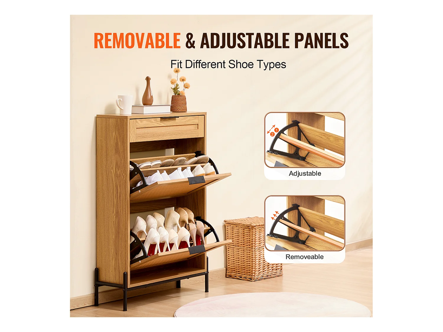 Meuble à Chaussures SucceBuy en Rotin avec 2 Tiroirs Rabattables et 1 Tiroir Coulissant