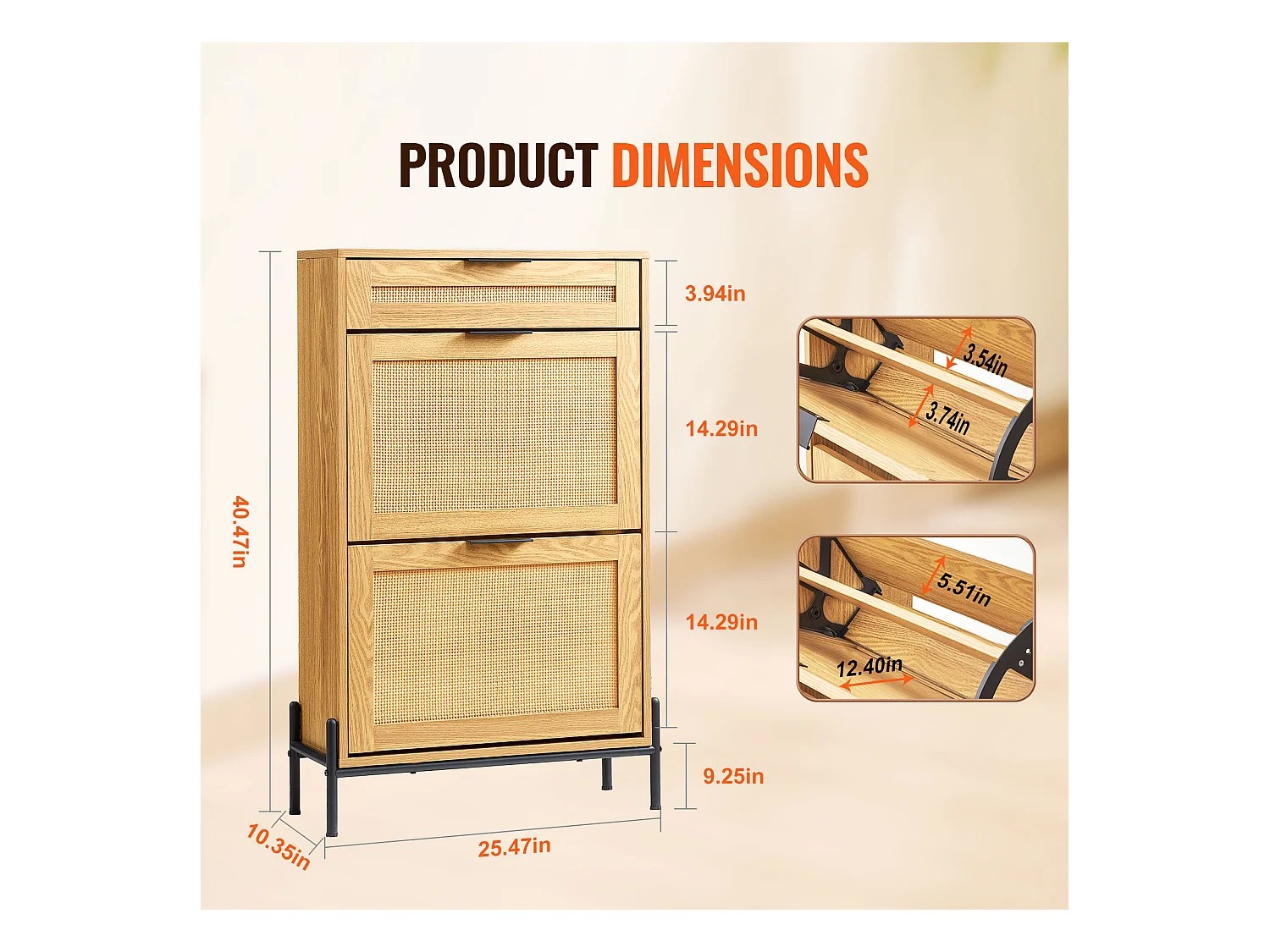 Meuble à Chaussures SucceBuy en Rotin avec 2 Tiroirs Rabattables et 1 Tiroir Coulissant