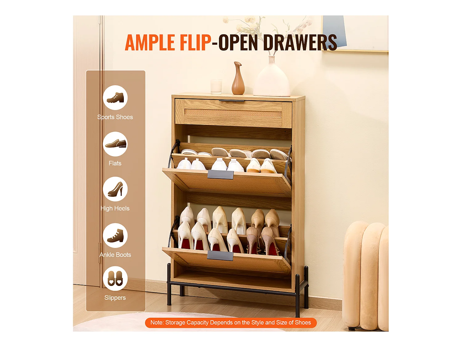 Meuble à Chaussures SucceBuy en Rotin avec 2 Tiroirs Rabattables et 1 Tiroir Coulissant