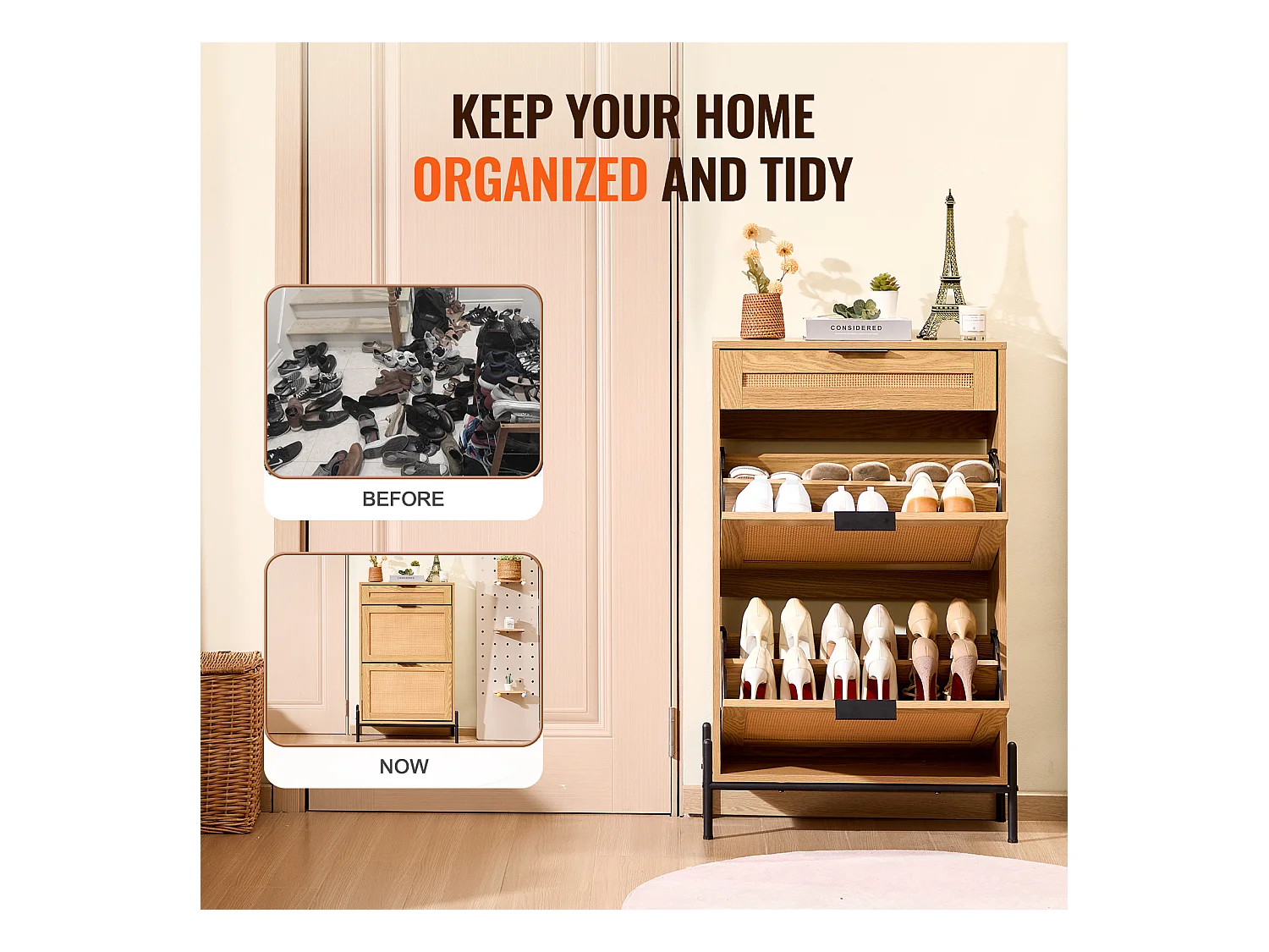 Meuble à Chaussures SucceBuy en Rotin avec 2 Tiroirs Rabattables et 1 Tiroir Coulissant