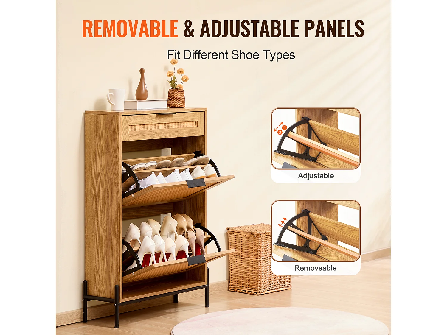 Meuble à Chaussures SucceBuy en Rotin avec 2 Tiroirs Rabattables et 1 Tiroir Coulissant