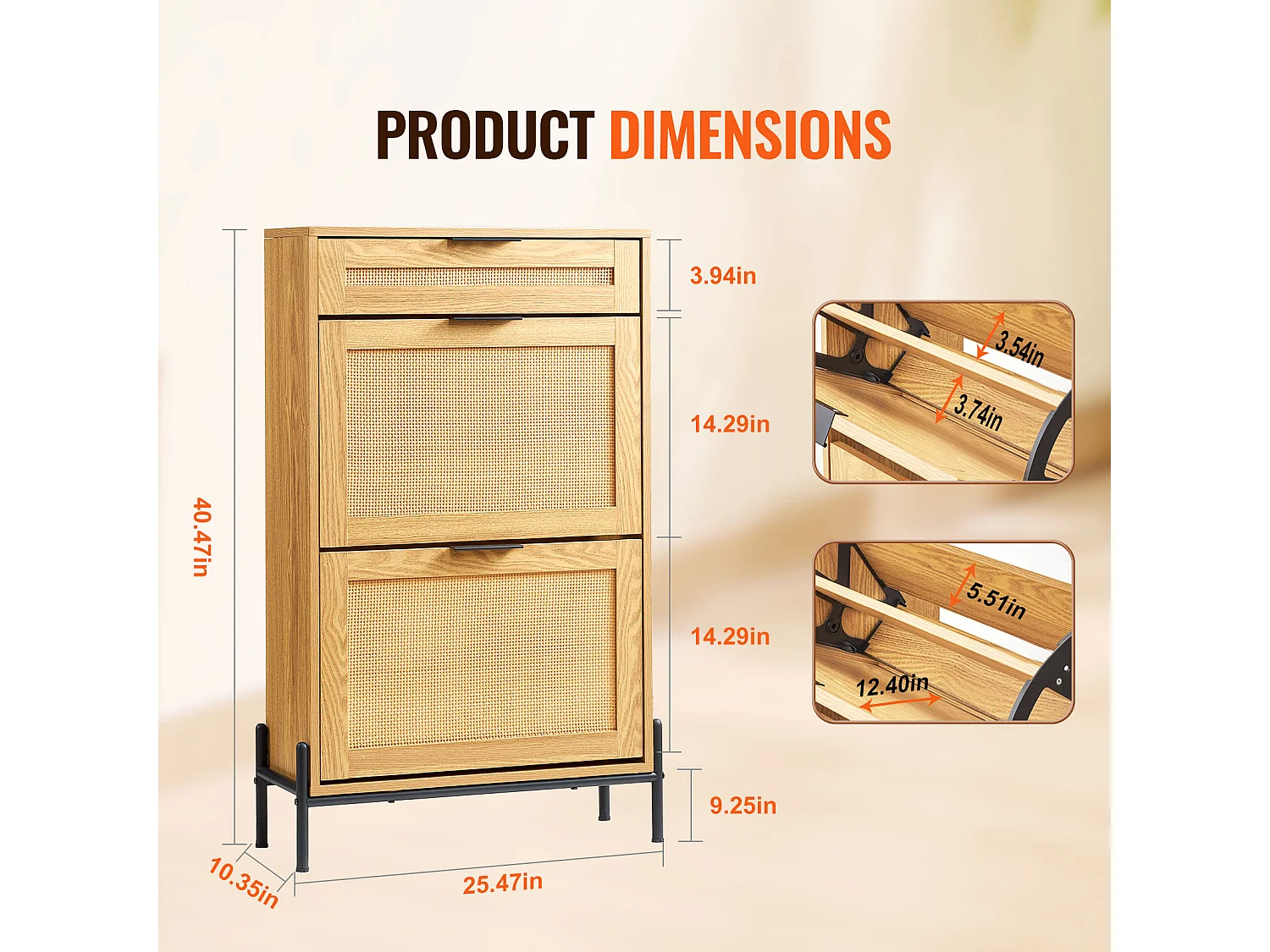 Meuble à Chaussures SucceBuy en Rotin avec 2 Tiroirs Rabattables et 1 Tiroir Coulissant