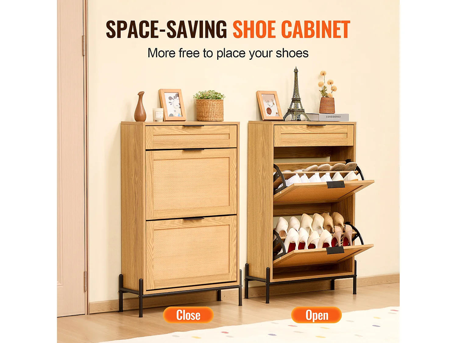 Meuble à Chaussures SucceBuy en Rotin avec 2 Tiroirs Rabattables et 1 Tiroir Coulissant