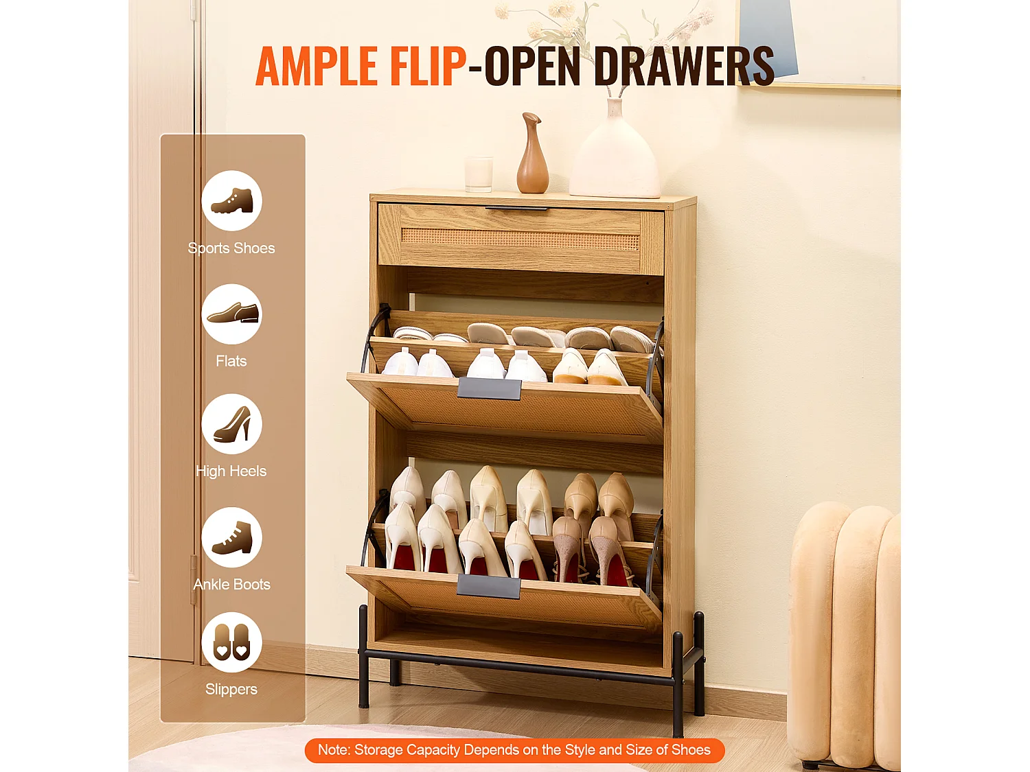 Meuble à Chaussures SucceBuy en Rotin avec 2 Tiroirs Rabattables et 1 Tiroir Coulissant