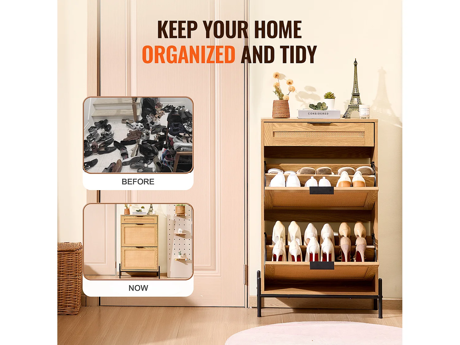 Meuble à Chaussures SucceBuy en Rotin avec 2 Tiroirs Rabattables et 1 Tiroir Coulissant