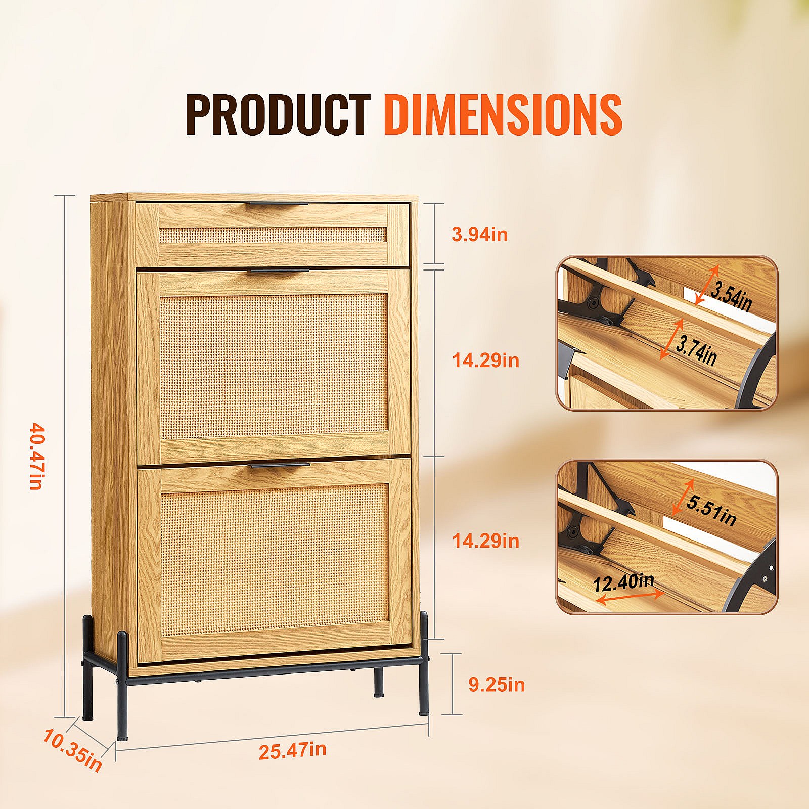 Scarpiera Stretta Scanalata Design Onde - 65x24x105 Cm, Noce, Con 2 Cassetti Ribaltabili E Gambe In Metallo
