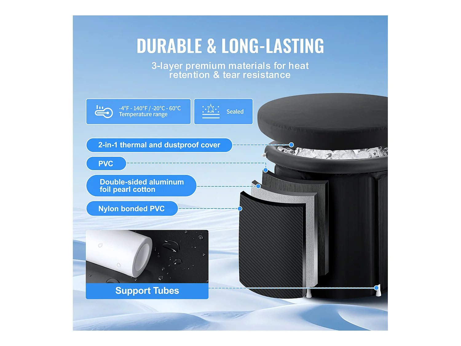 Wanna z Lodem SucceBuy, Przenośny Łazienki Chłodne 85 x 75 cm 330 L, z Pokrywką, dla Dorosłych, Zewnątrz, Dom, Sala Treningowa