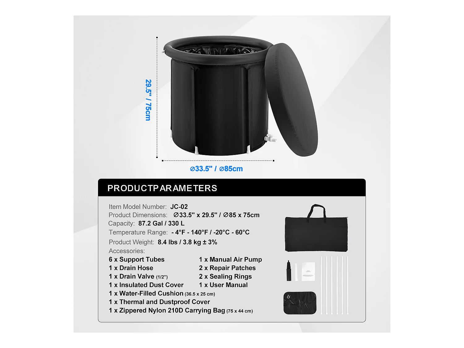 Baignoire à Glace SucceBuy, Bain Froid Portable 85 x 75 cm 330 L, avec Couvercle, pour Adulte, Extérieur, Maison, Salle de Sport