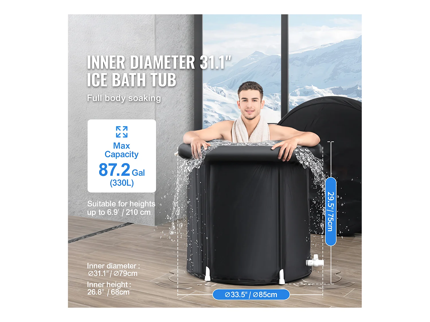 Baignoire à Glace SucceBuy, Bain Froid Portable 85 x 75 cm 330 L, avec Couvercle, pour Adulte, Extérieur, Maison, Salle de Sport