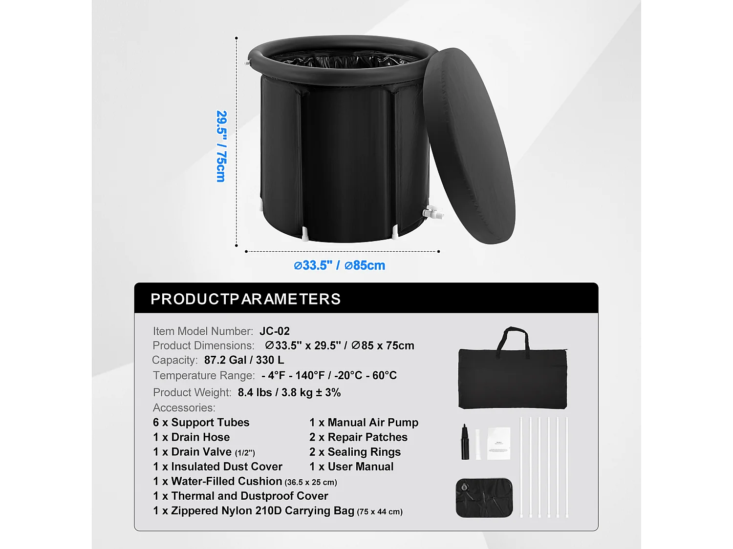 Baignoire à Glace SucceBuy, Bain Froid Portable 85 x 75 cm 330 L, avec Couvercle, pour Adulte, Extérieur, Maison, Salle de Sport