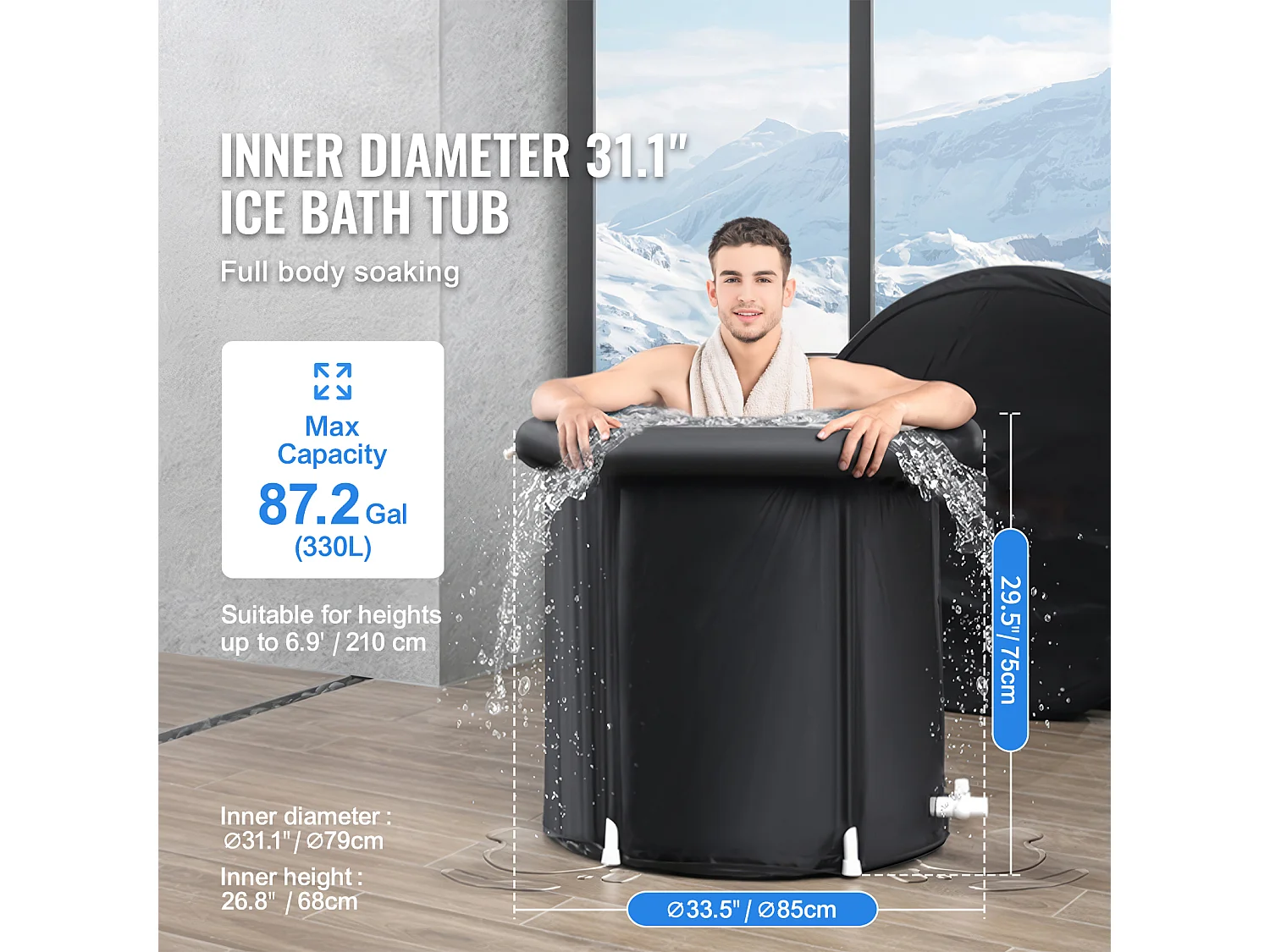 Baignoire à Glace SucceBuy, Bain Froid Portable 85 x 75 cm 330 L, avec Couvercle, pour Adulte, Extérieur, Maison, Salle de Sport