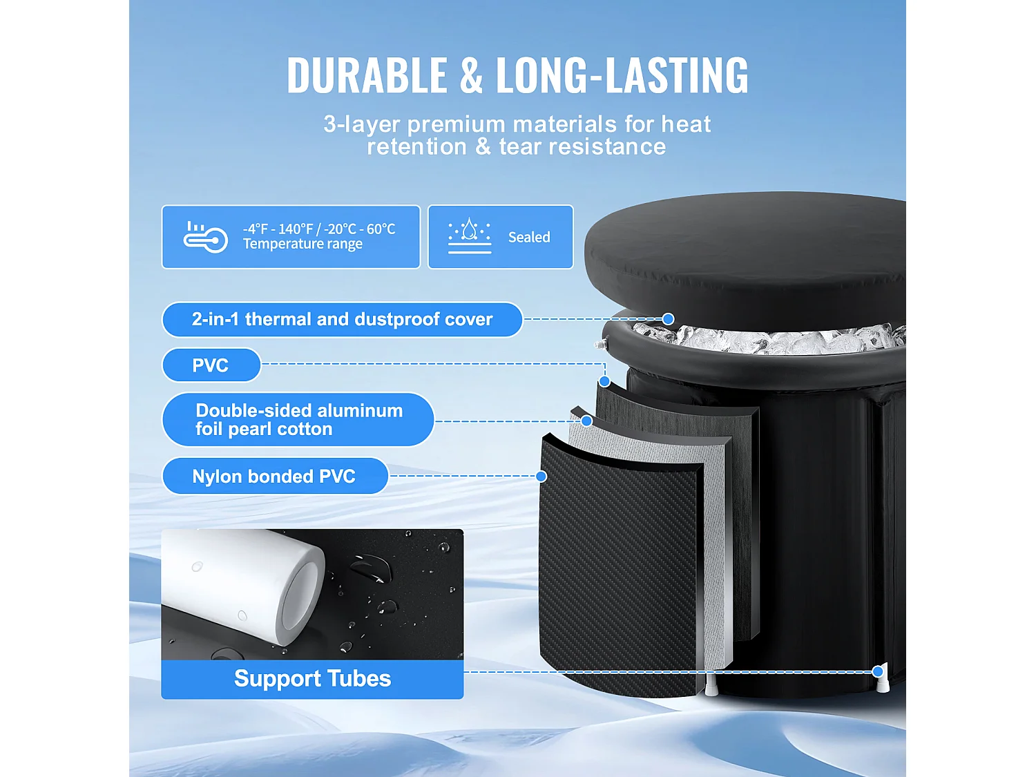 Baignoire à Glace SucceBuy, Bain Froid Portable 85 x 75 cm 330 L, avec Couvercle, pour Adulte, Extérieur, Maison, Salle de Sport