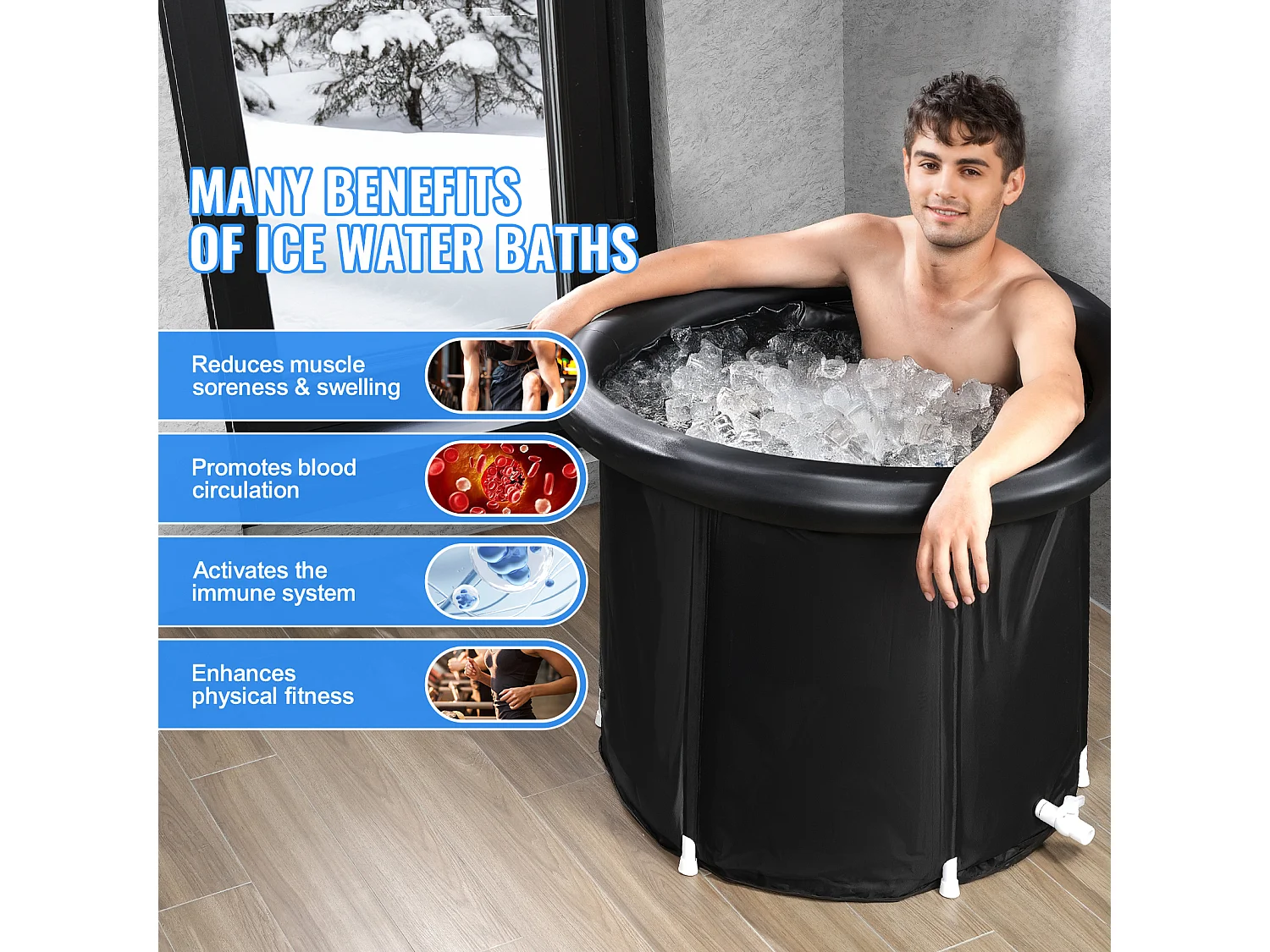 Baignoire à Glace SucceBuy, Bain Froid Portable 85 x 75 cm 330 L, avec Couvercle, pour Adulte, Extérieur, Maison, Salle de Sport