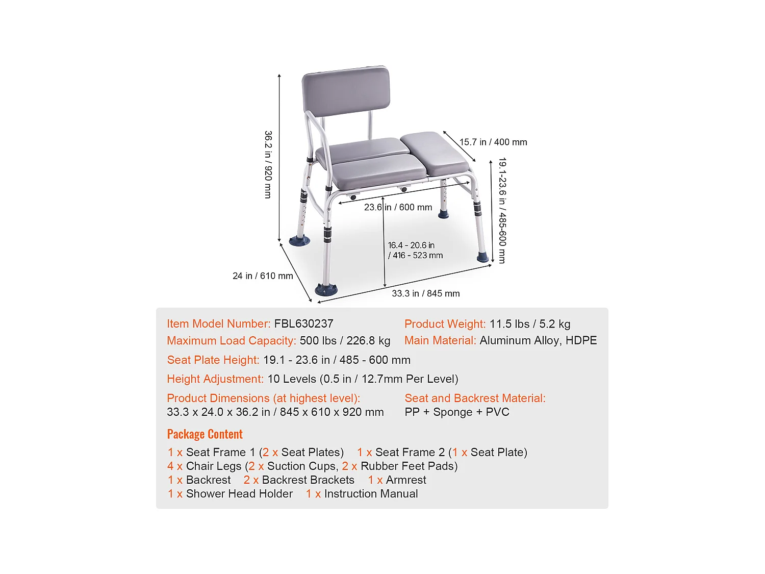 Sedile per Doccia SucceBuy | Banco di Trasferimento per Bagno, Schienale Ribaltabile, 226,8 kg