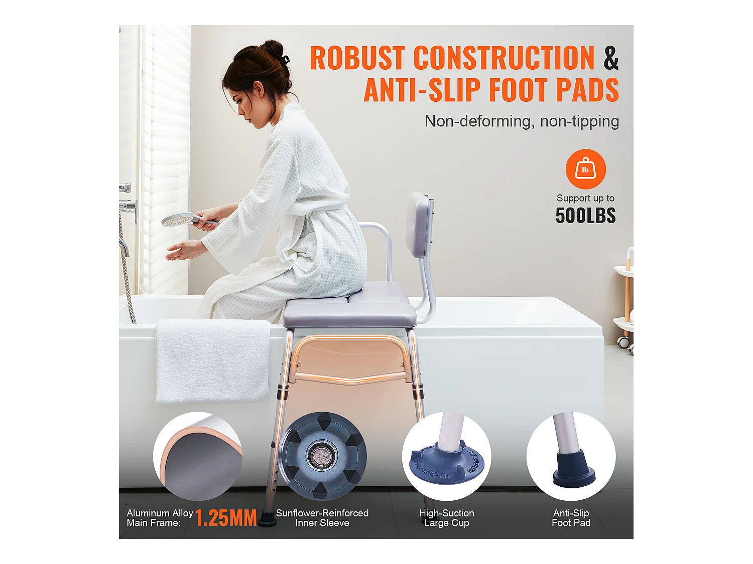 Asiento de Ducha SucceBuy | Banco de Transferencia de Bañera, respaldo Reversible, 226,8 kg