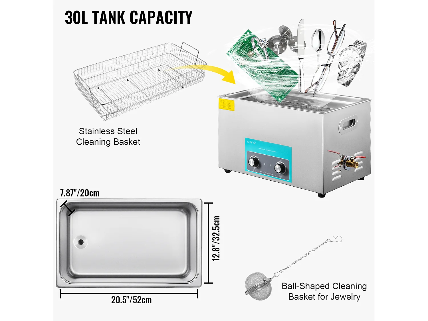 Nettoyeur SucceBuy 30L Nettoyeur Ultrasonique pour Bijoux, Minuterie de Chauffage, Bagues de Lunettes, Dentiers, 220V, Argent