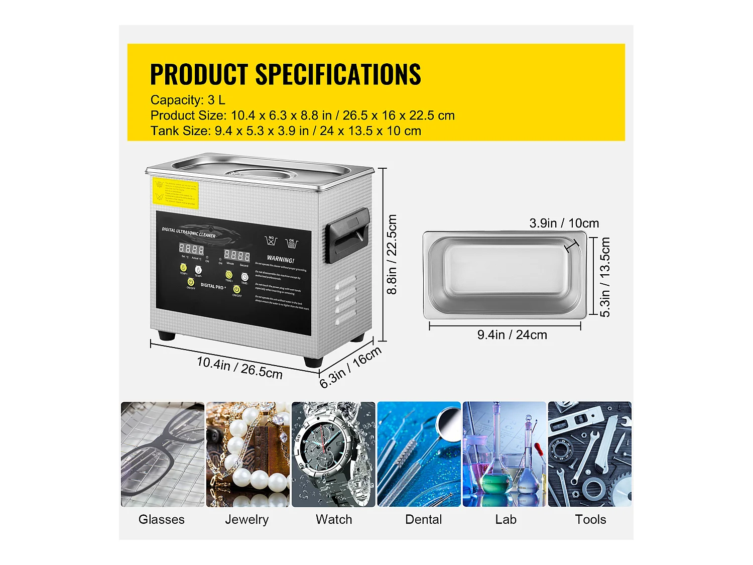 Nettoyeur SucceBuy à Ultrasons avec Minuterie de Chauffage 3 L pour Bijoux, Lunettes