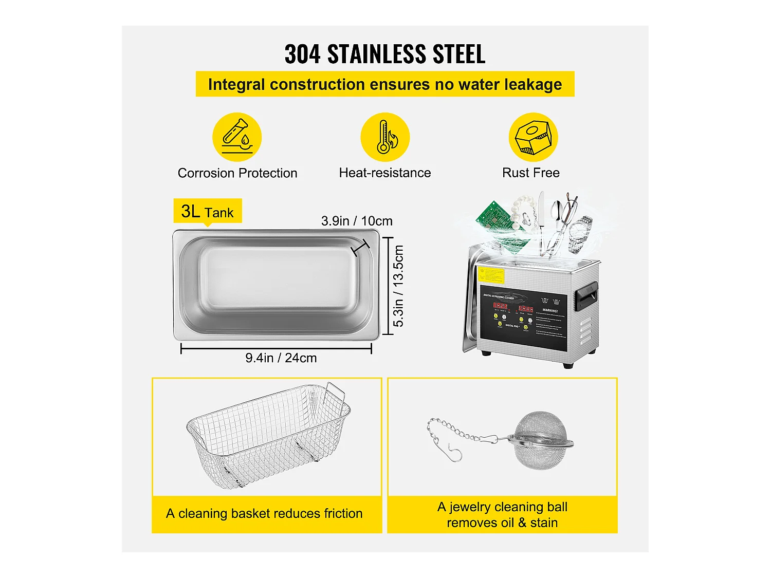 Nettoyeur SucceBuy à Ultrasons avec Minuterie de Chauffage 3 L pour Bijoux, Lunettes