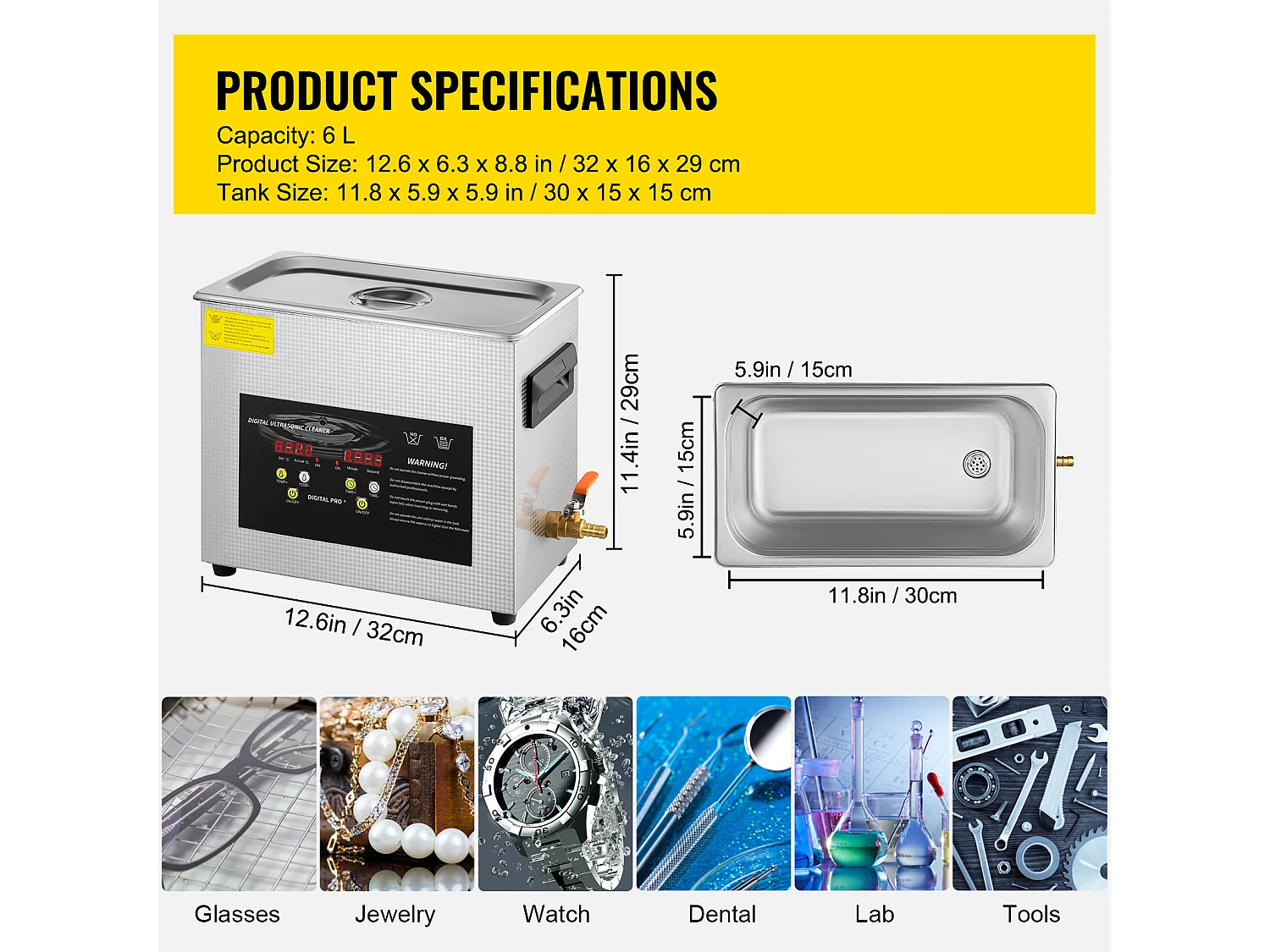 Nettoyeur SucceBuy Nettoyeur à Ultrasons 6L 400W Minuterie de Chauffage pour Bijoux, Lunettes