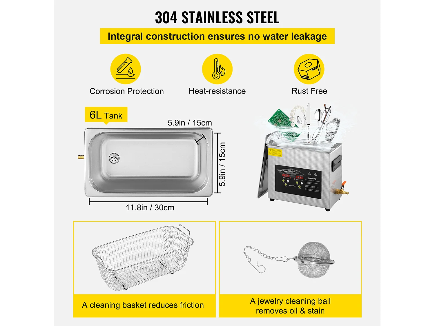 Nettoyeur SucceBuy Nettoyeur à Ultrasons 6L 400W Minuterie de Chauffage pour Bijoux, Lunettes