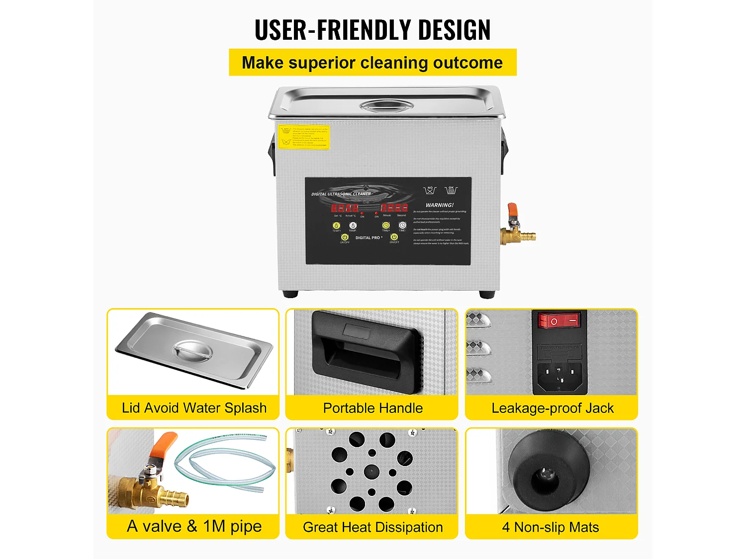 Nettoyeur SucceBuy Nettoyeur à Ultrasons 6L 400W Minuterie de Chauffage pour Bijoux, Lunettes