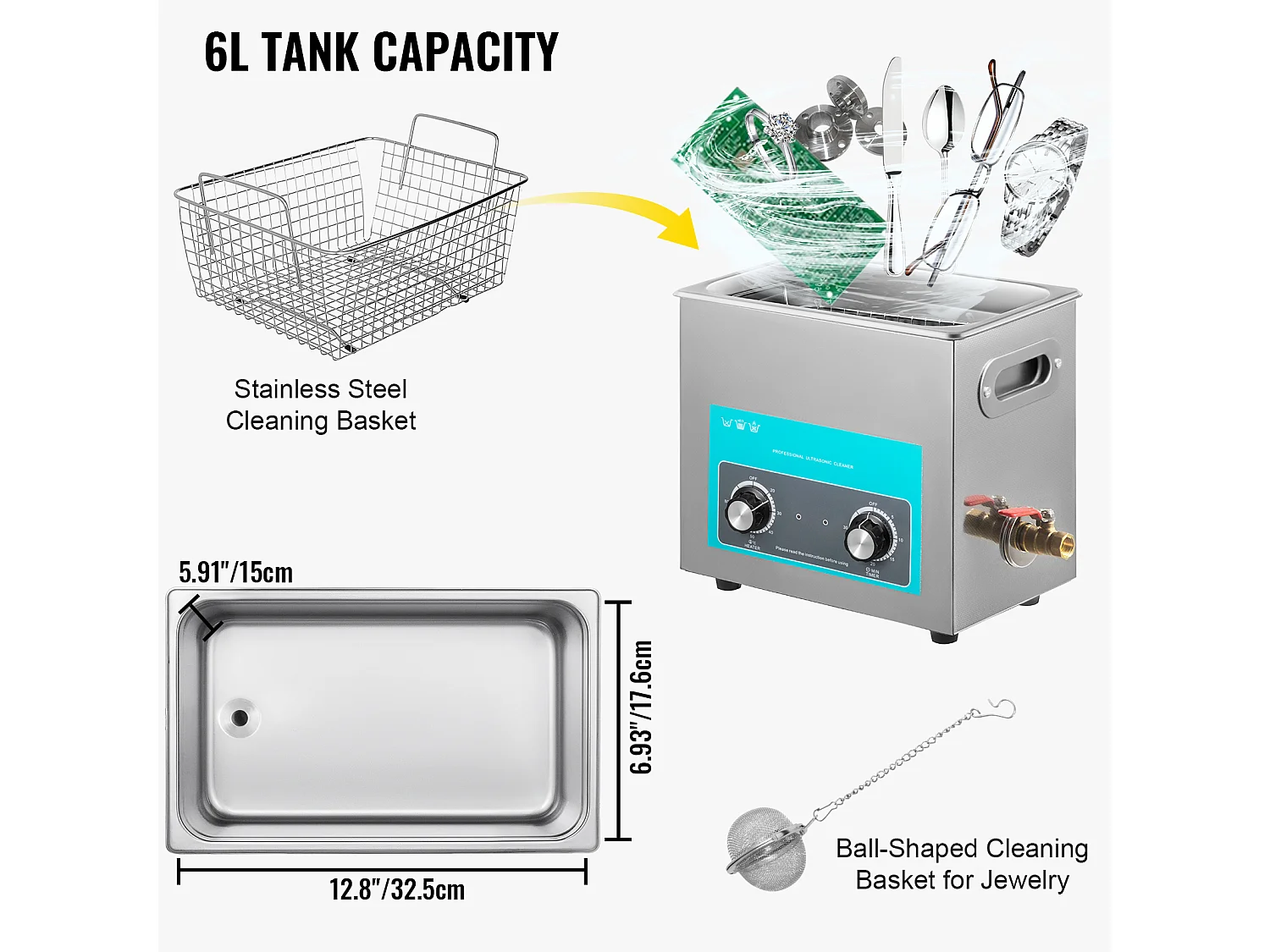 Nettoyeur SucceBuy Nettoyeur à Ultrasons 6 L avec Minuterie de Chauffage pour Bijoux et Lunettes