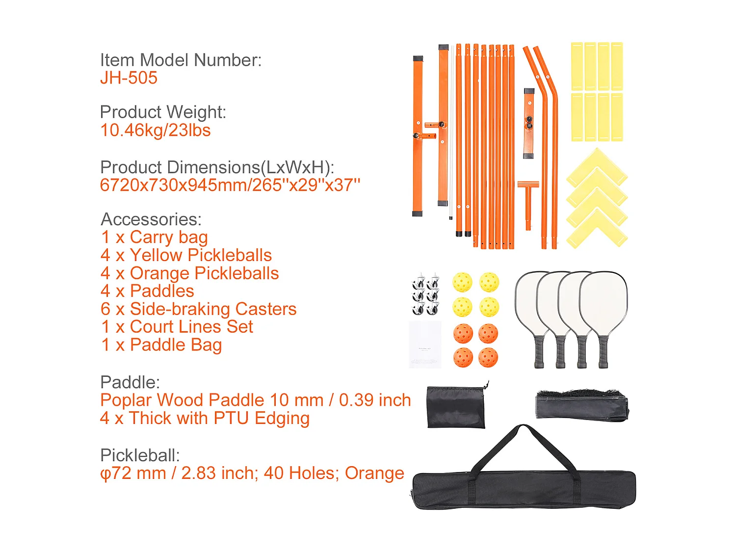 Red Portátil de Pickleball, SucceBuy Sistema de 671 cm (22 pies), Tamaño Reglamentario, Accesorios Completos