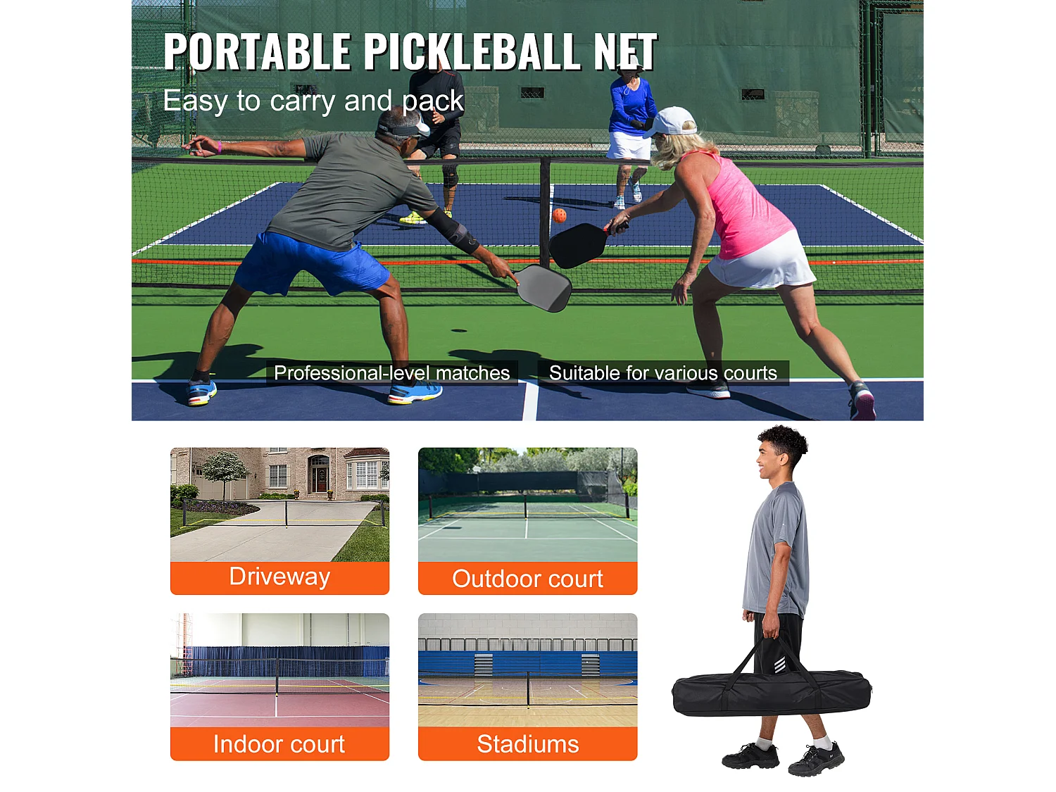 Red Portátil de Pickleball, SucceBuy Sistema de 671 cm (22 pies), Tamaño Reglamentario, Accesorios Completos